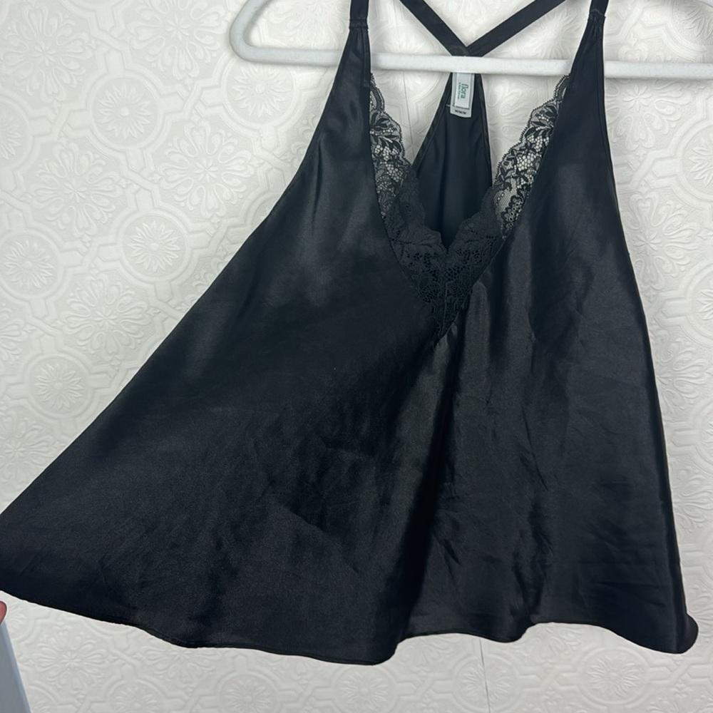 Flora Nikrooz Satin Silky Tank Top Lingerie Secy‎ Lacey Lace Black Pjs Pajamas - Picture 3 of 5